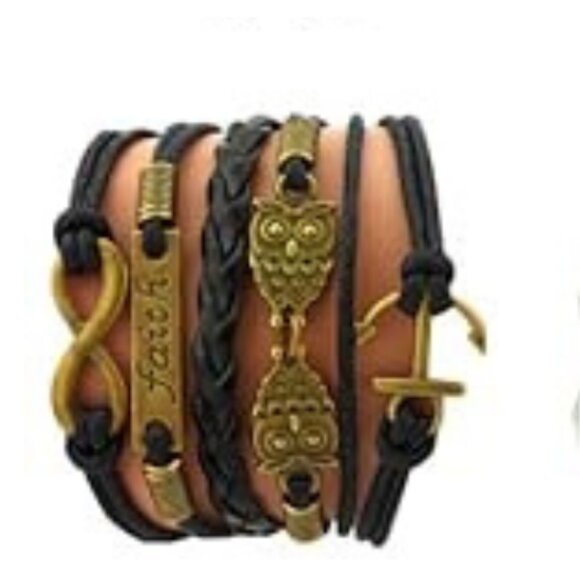 Handmade Braided Multi Layers Vintage Woven Rope Woven Leather Alloy Owl Bangle - Picture 1 of 1